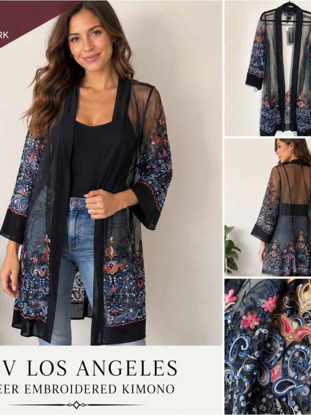 Sheer Embroidered Kimono Duster Black Mesh Boho Floral Open Front Cardigan Large